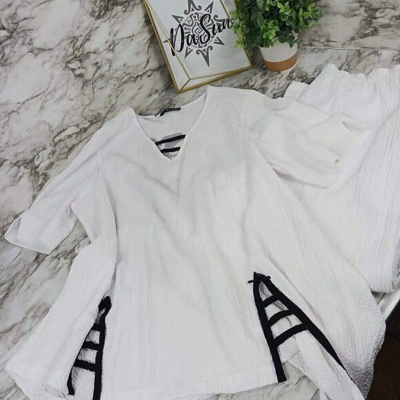 MOONLIGHT Y&S Fashion textured set tunic and crop pants women white size L - Picture 1 of 9